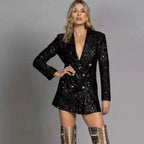 Elegante mono blazer de lentejuelas de invitada de boda con doble botonadura