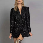 Elegante mono blazer de lentejuelas de invitada de boda con doble botonadura