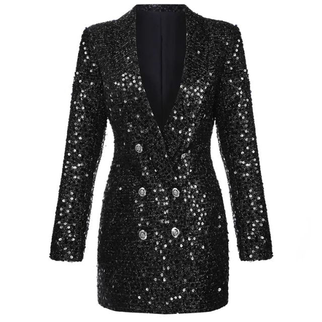 Elegante mono blazer de lentejuelas de invitada de boda con doble botonadura