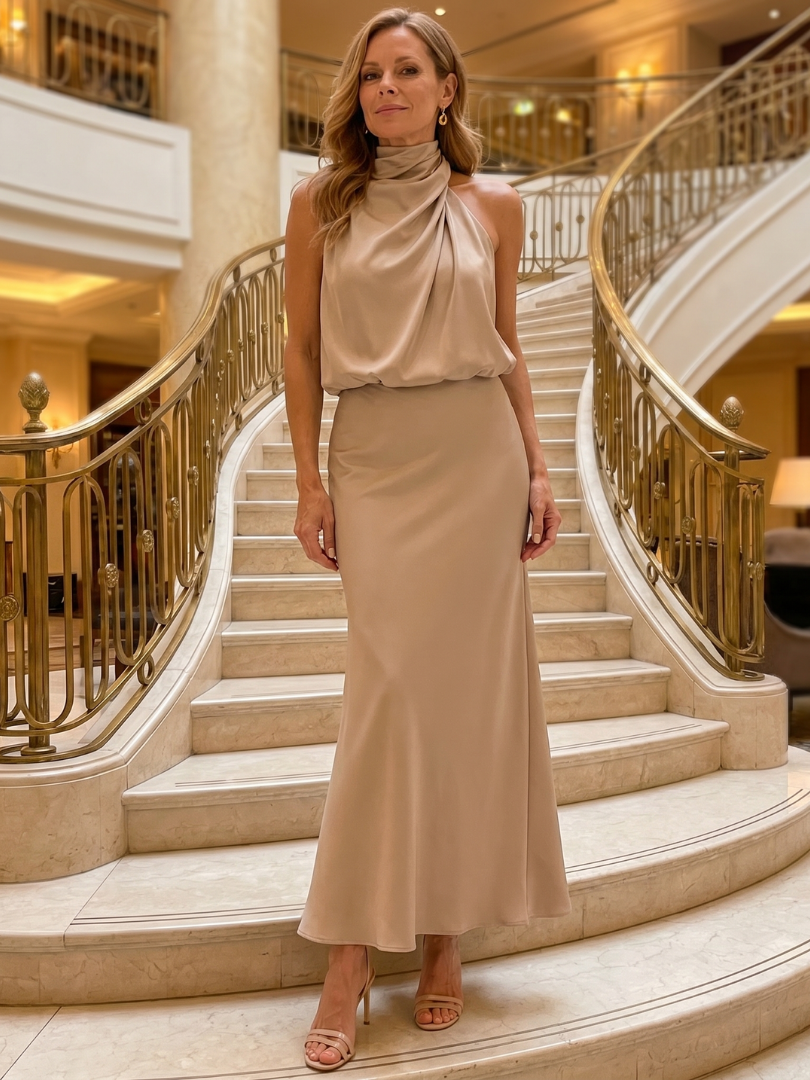 Nopal | Vestido Midi de Cuello Drapeado y Sin Mangas