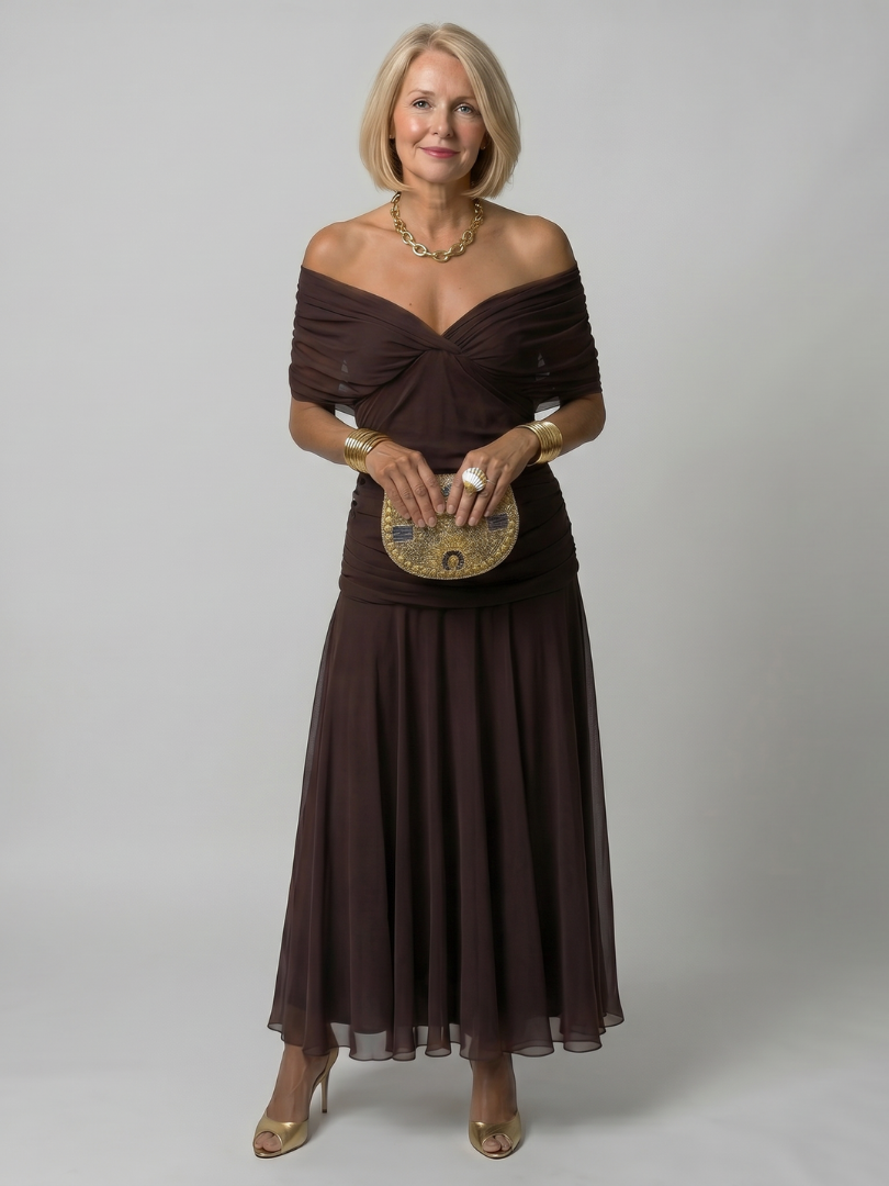 Verena | Vestido Midi Fluido Hombros al Descubierto