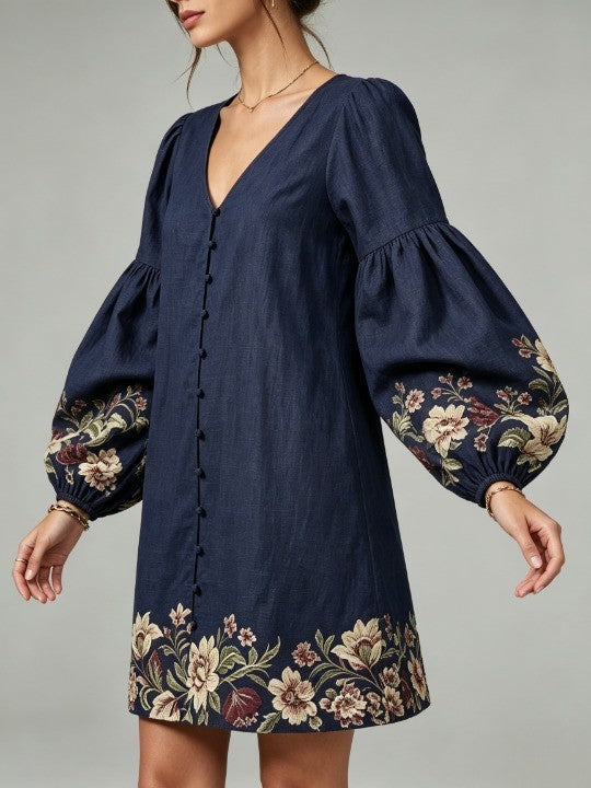 Vestido mini azul marino de algodón y lino, con escote en V y mangas farol, de estampado floral
