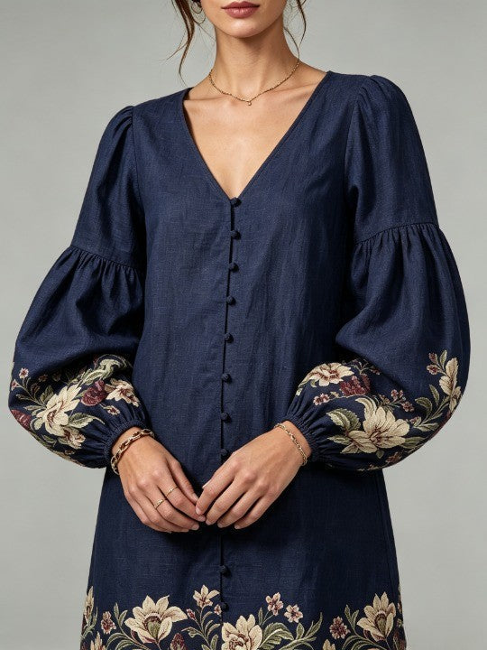 Vestido mini azul marino de algodón y lino, con escote en V y mangas farol, de estampado floral