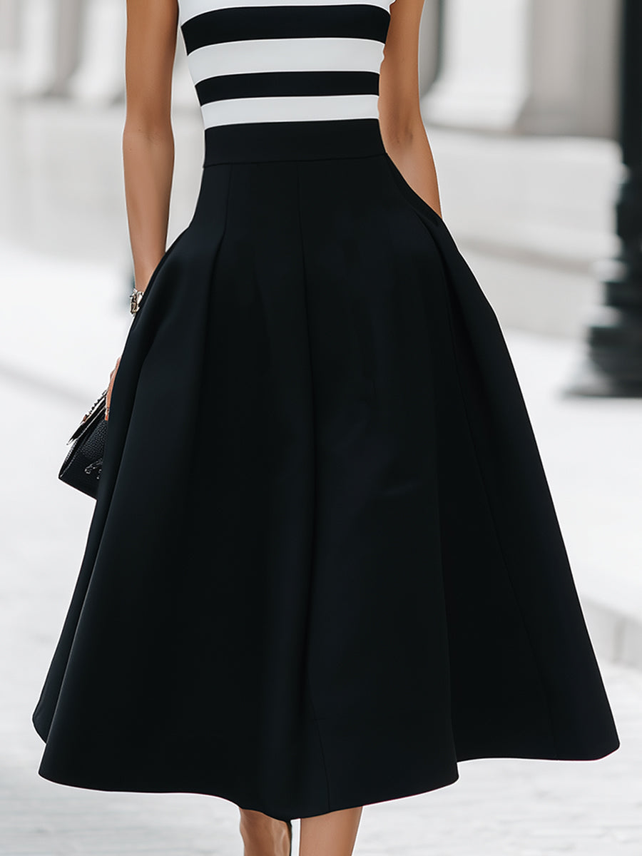 Vestido midi elegante de corte A, sin mangas, a rayas, con bolsillos