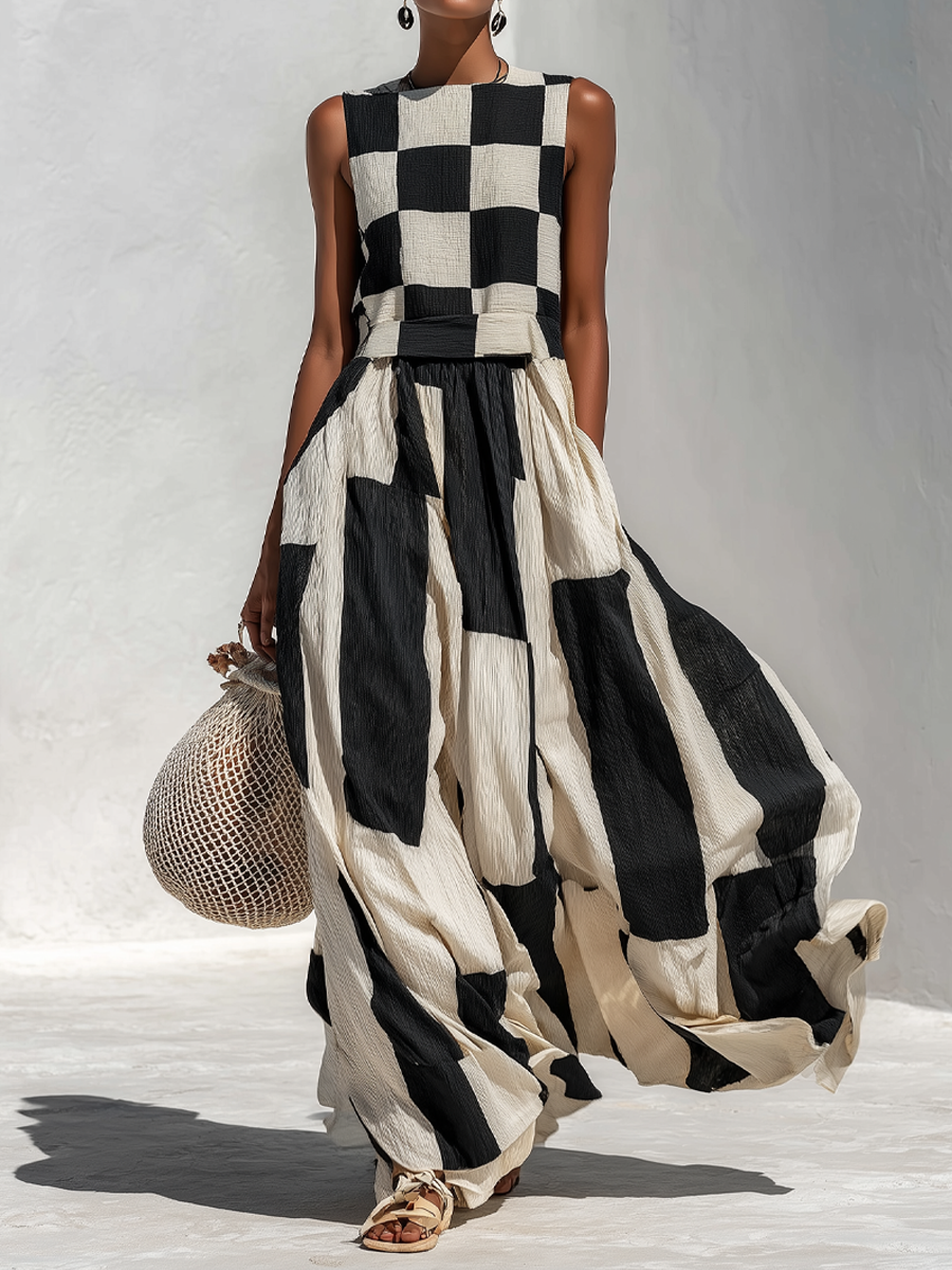 Ardenne | Vestido Maxi Sin Mangas con Paneles de Cuadros y Rayas