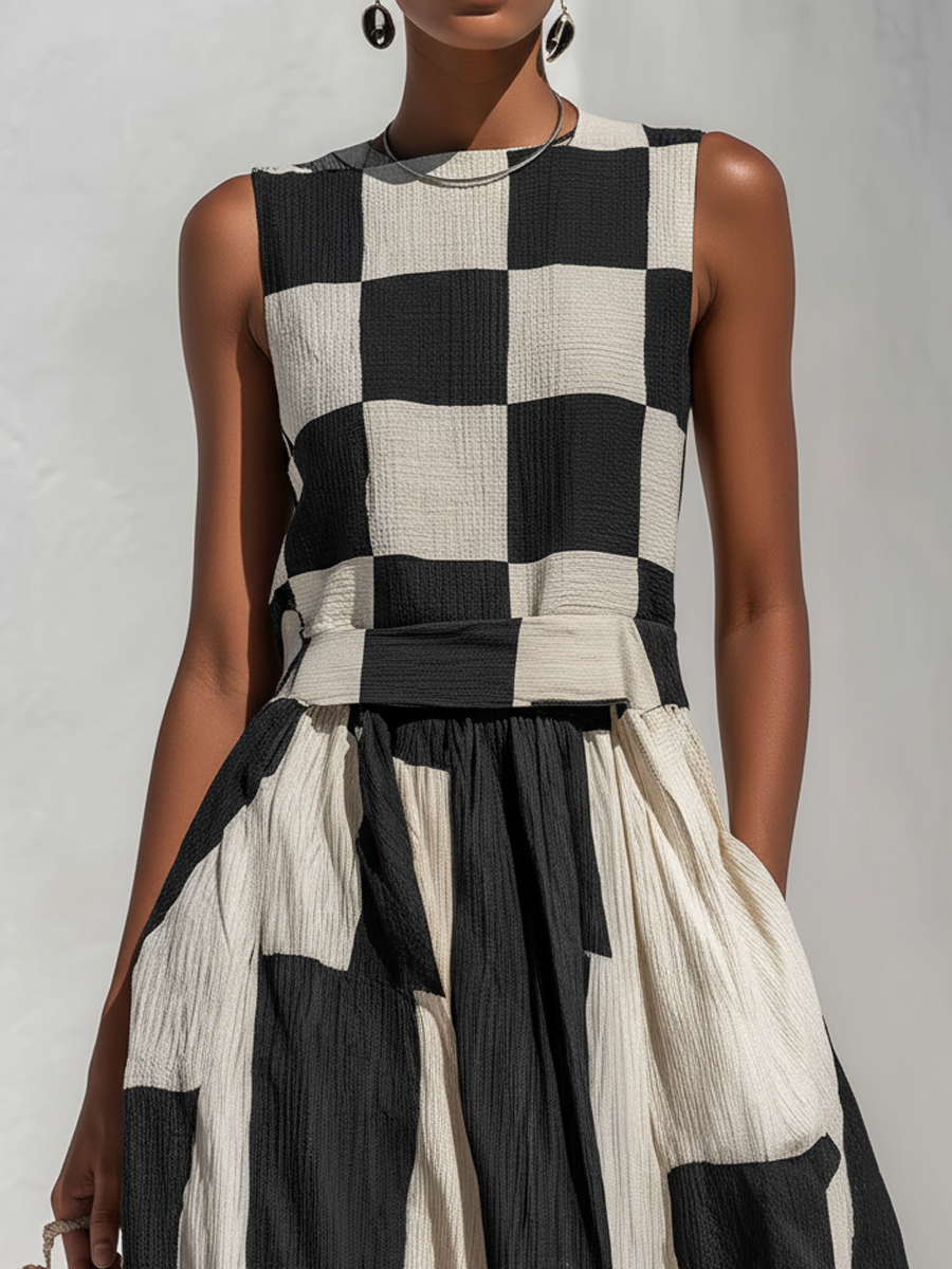 Ardenne | Vestido Maxi Sin Mangas con Paneles de Cuadros y Rayas
