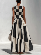 Ardenne | Vestido Maxi Sin Mangas con Paneles de Cuadros y Rayas