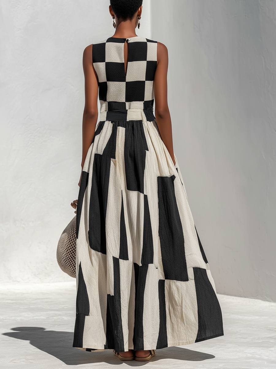Ardenne | Vestido Maxi Sin Mangas con Paneles de Cuadros y Rayas