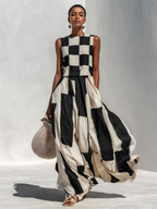 Ardenne | Vestido Maxi Sin Mangas con Paneles de Cuadros y Rayas