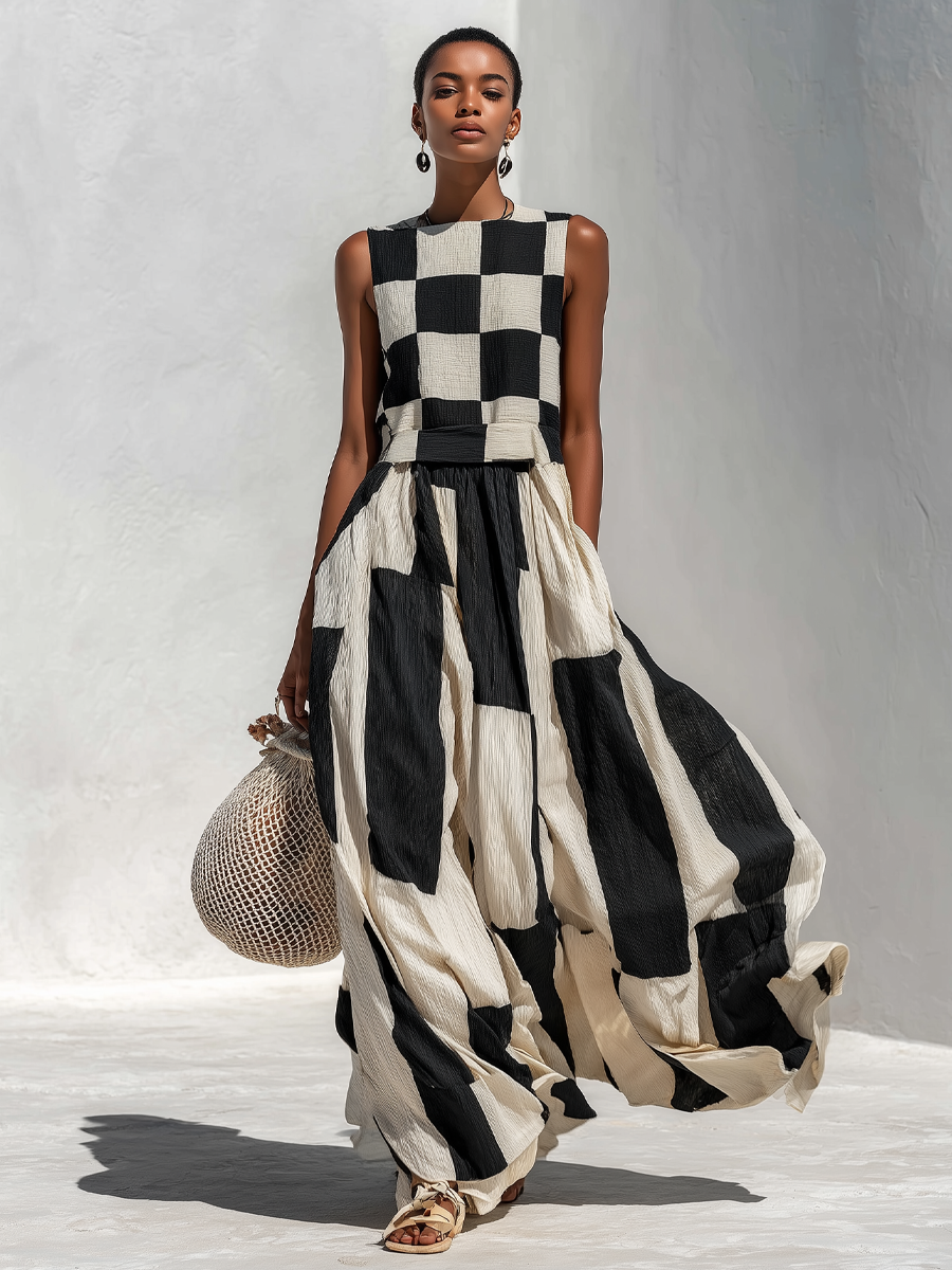 Ardenne | Vestido Maxi Sin Mangas con Paneles de Cuadros y Rayas