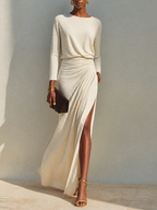 Lavinia | Vestido largo beige con escote redondo, drapeado en la cintura y abertura
