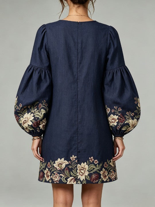 Vestido mini azul marino de algodón y lino, con escote en V y mangas farol, de estampado floral