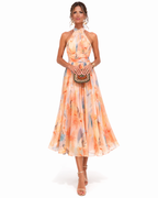 Elegante vestido largo de fiesta y de invitada de boda con cuello halter y estampado de acuarela | Maxi