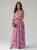 Nori | Vestido Maxi Halter con Cuerpo Fruncido y Estampado Floral