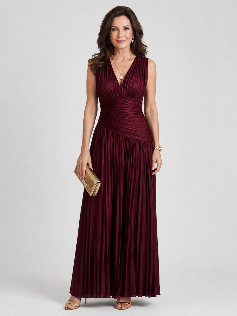 Lemar | Vestido Midi Plisado con Escote en V y Sin Mangas