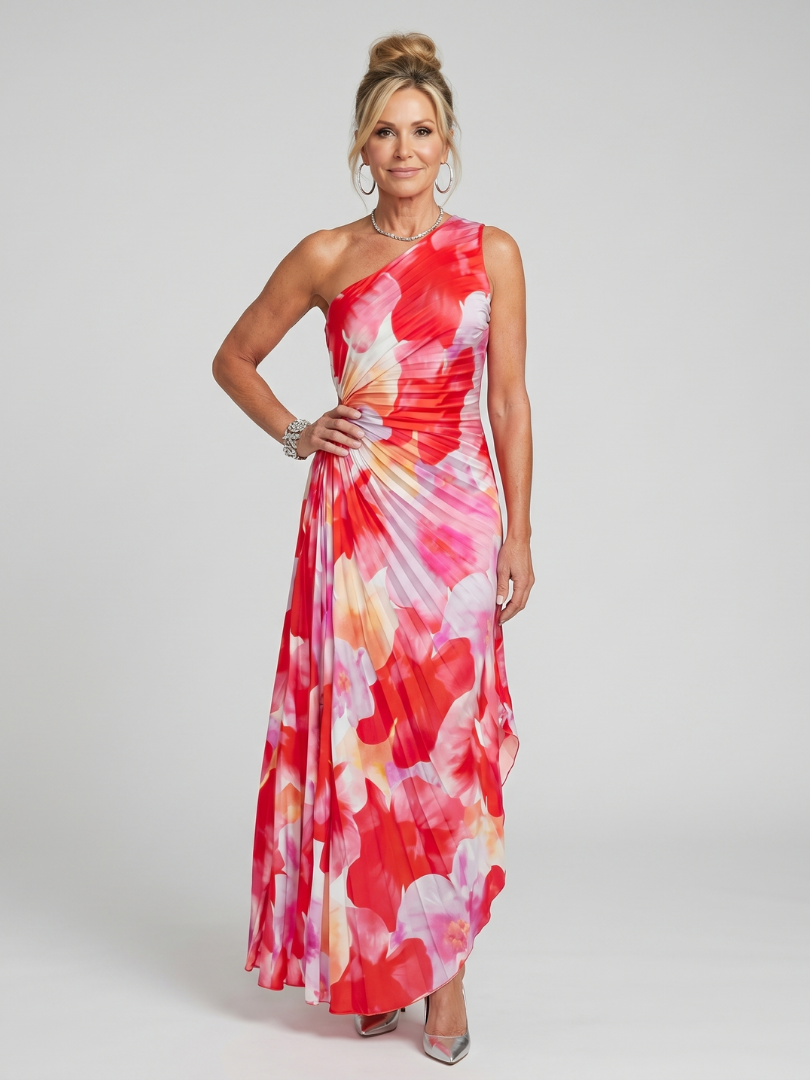 Taya | Vestido Midi Asimétrico con Cuerpo Plisado