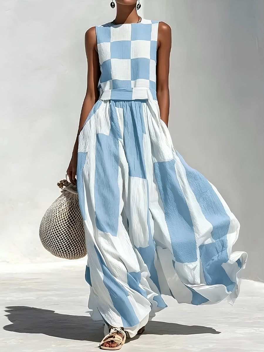 Ardenne | Vestido Maxi Sin Mangas con Paneles de Cuadros y Rayas