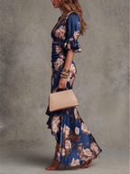 Odalys | Vestido Largo Asimétrico con Escote en V, Mangas Abullonadas Acampanadas y Estampado Floral