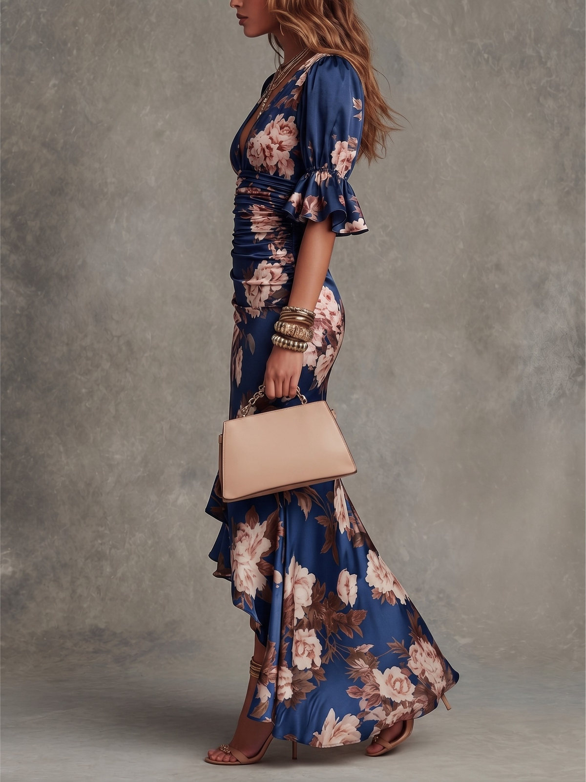 Odalys | Vestido Largo Asimétrico con Escote en V, Mangas Abullonadas Acampanadas y Estampado Floral
