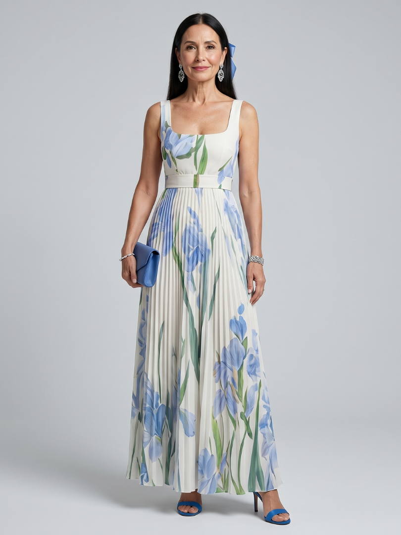 Ophelia | Vestido Midi Estampado Floral con Escote Cuadrado y Sin Mangas