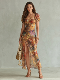 Ciel | Vestido Midi Fruncido con Abertura y Mangas de Volantes