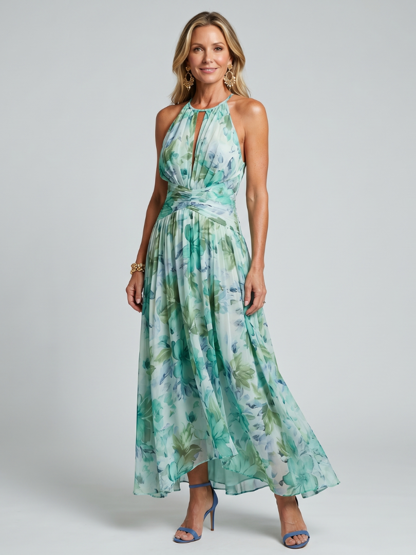 Portia | Vestido Midi Halter Plisado con Estampado Floral Suave