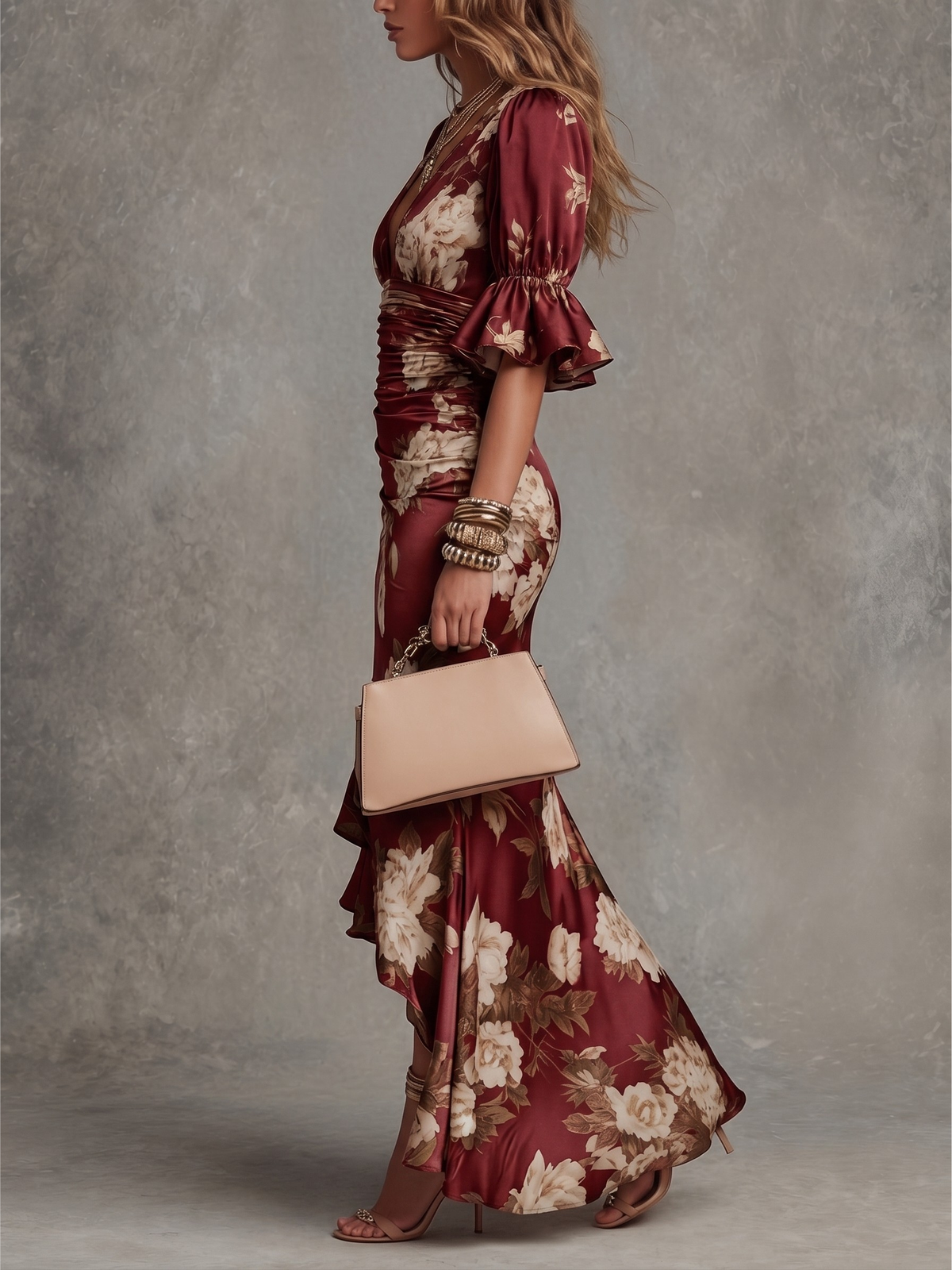 Serafina | Vestido Largo Asimétrico con Escote en V, Mangas Abullonadas Acampanadas y Estampado Floral