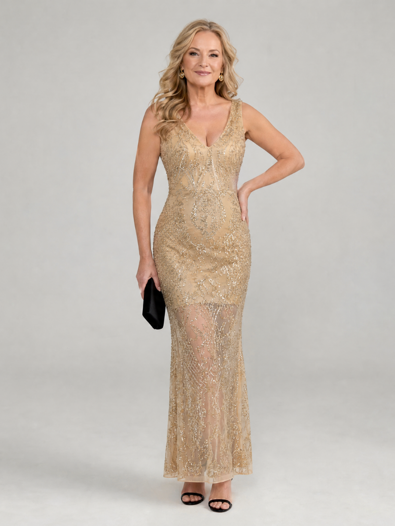 Sirea | Vestido Midi con Lentejuelas, Paneles Transparentes y Sin Mangas
