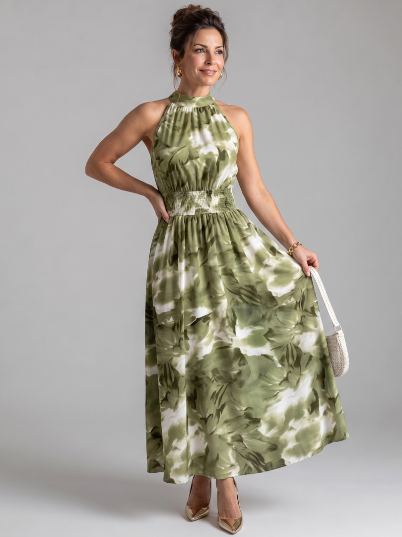 Olivia | Vestido Midi Estampado Abstracto con Cintura Fruncida
