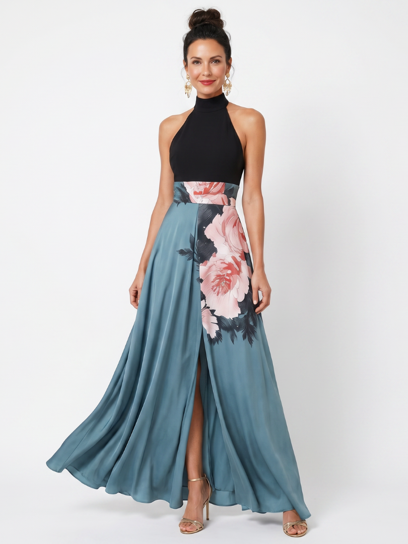 Olympas | Vestido Maxi Halter con Falda Floral