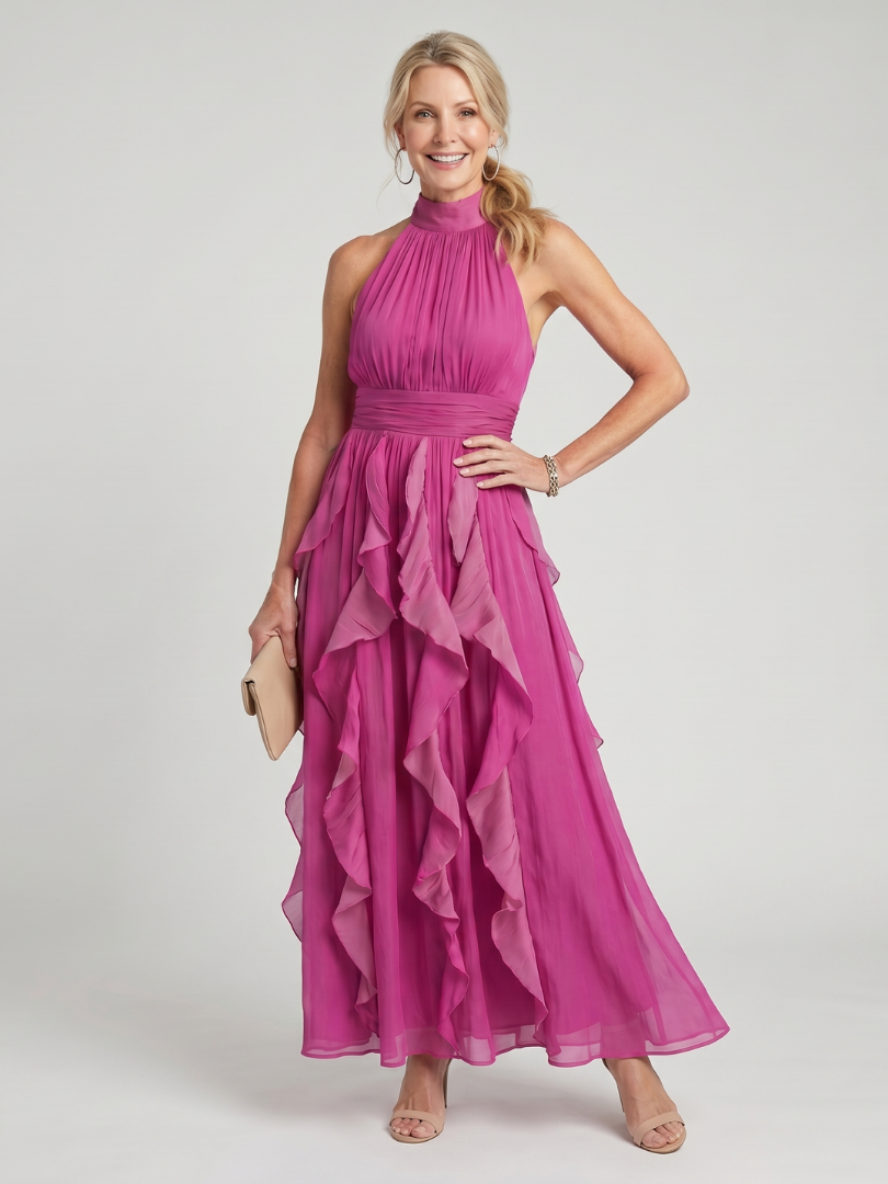 Orea | Vestido Maxi de Cuello Alto con Capas Fruncidas de Volantes