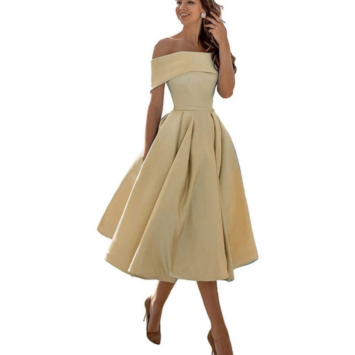 Elegante vestido midi de fiesta y de invitada de boda con hombros descubiertos | Midi