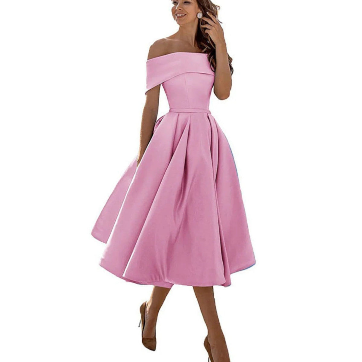 Elegante vestido midi de fiesta y de invitada de boda con hombros descubiertos | Midi