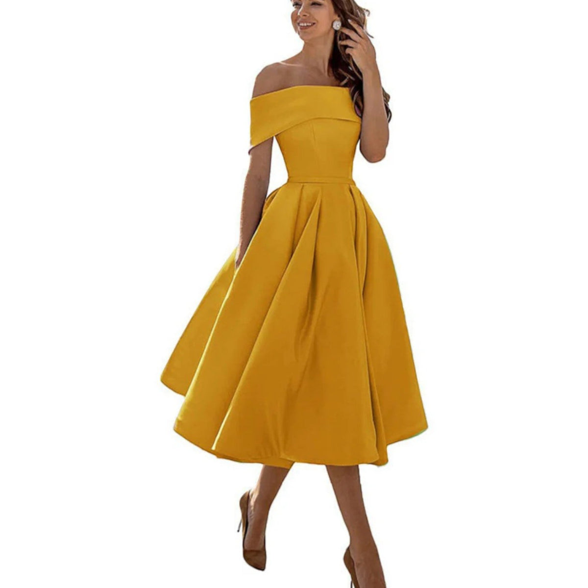 Elegante vestido midi de fiesta y de invitada de boda con hombros descubiertos | Midi