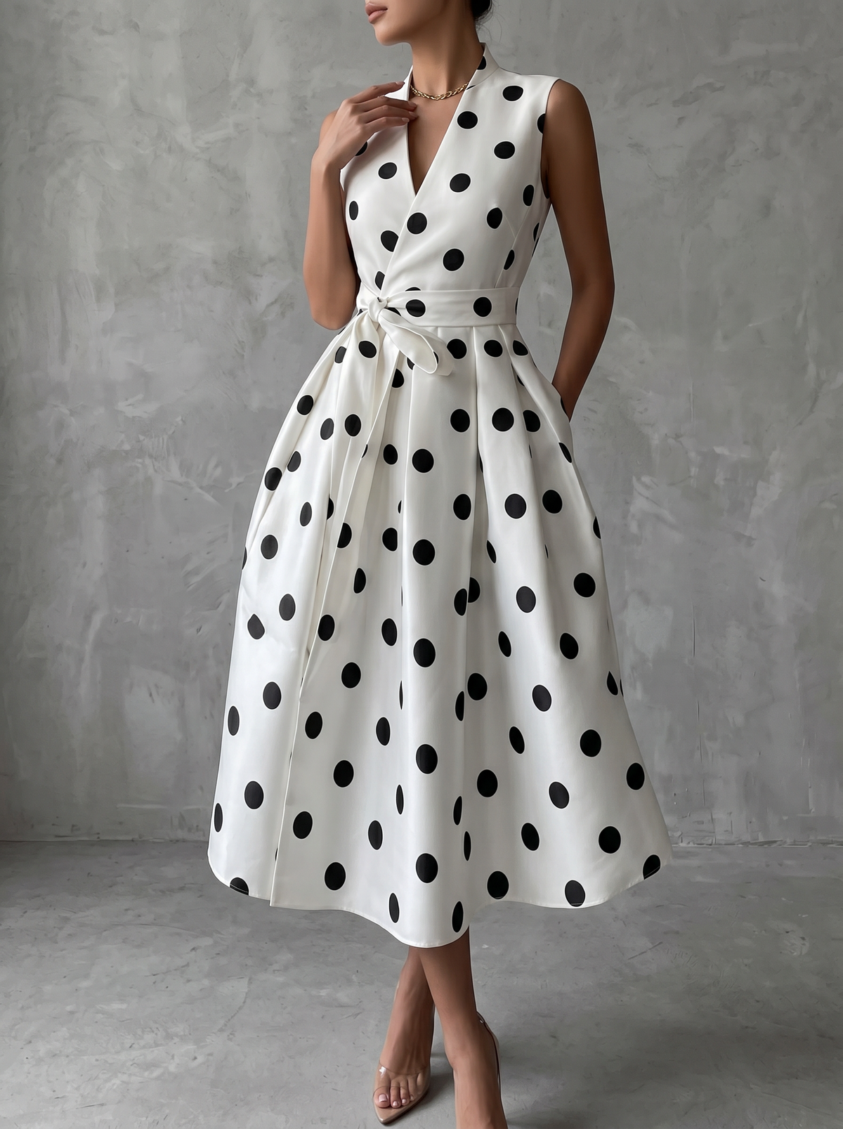 Vestido midi clásico blanco y negro de lunares con mangas francesas
