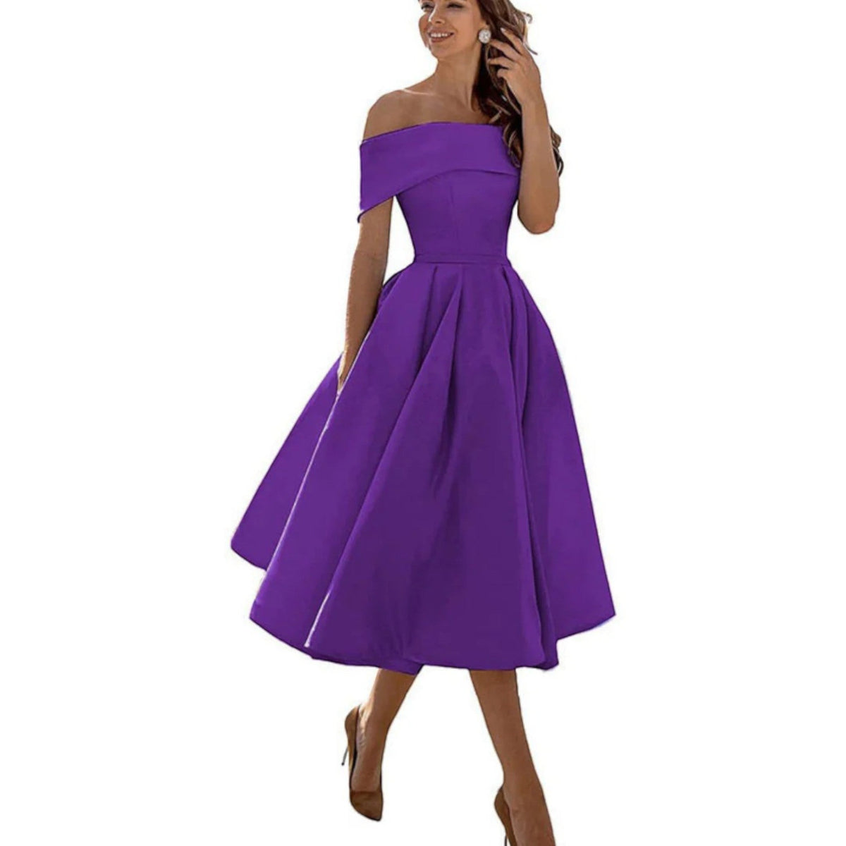Elegante vestido midi de fiesta y de invitada de boda con hombros descubiertos | Midi