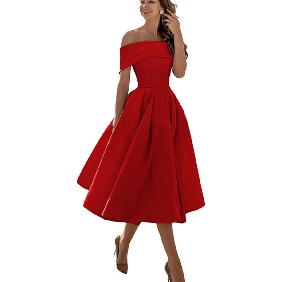 Elegante vestido midi de fiesta y de invitada de boda con hombros descubiertos | Midi