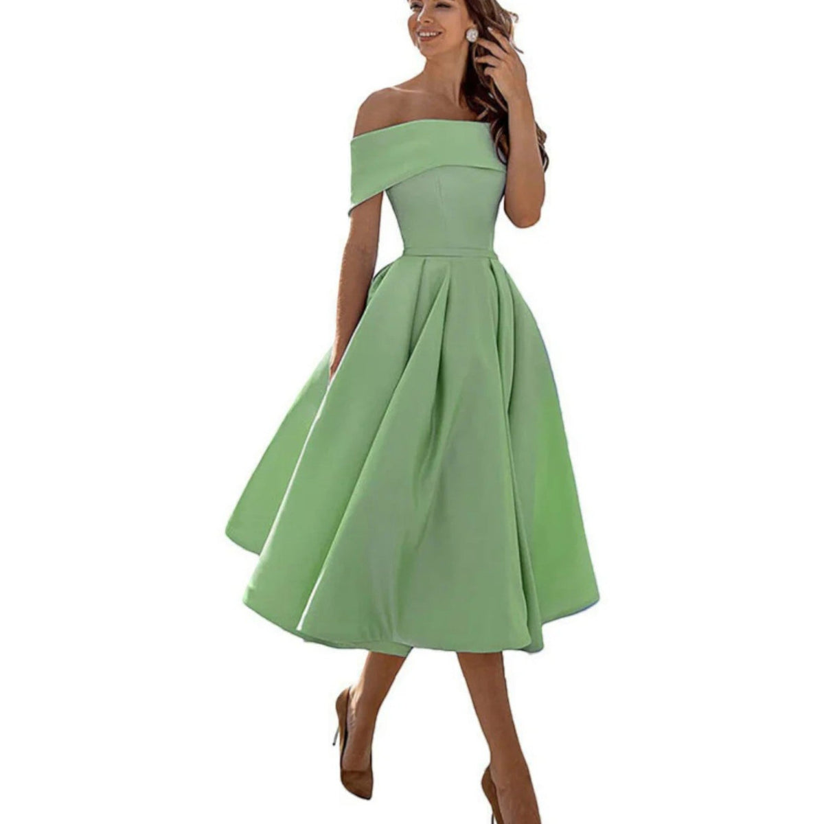 Elegante vestido midi de fiesta y de invitada de boda con hombros descubiertos | Midi