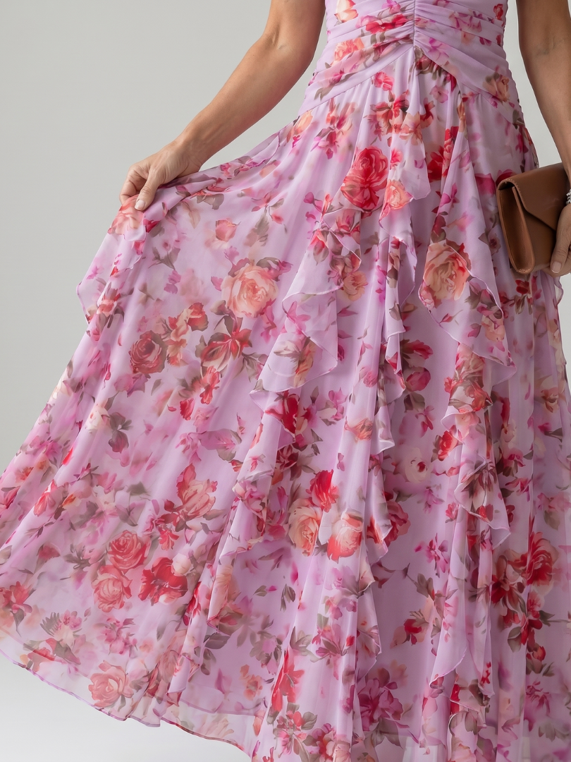 Nori | Vestido Maxi Halter con Cuerpo Fruncido y Estampado Floral
