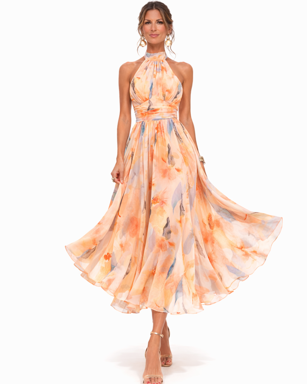 Elegante vestido largo de fiesta y de invitada de boda con cuello halter y estampado de acuarela | Maxi