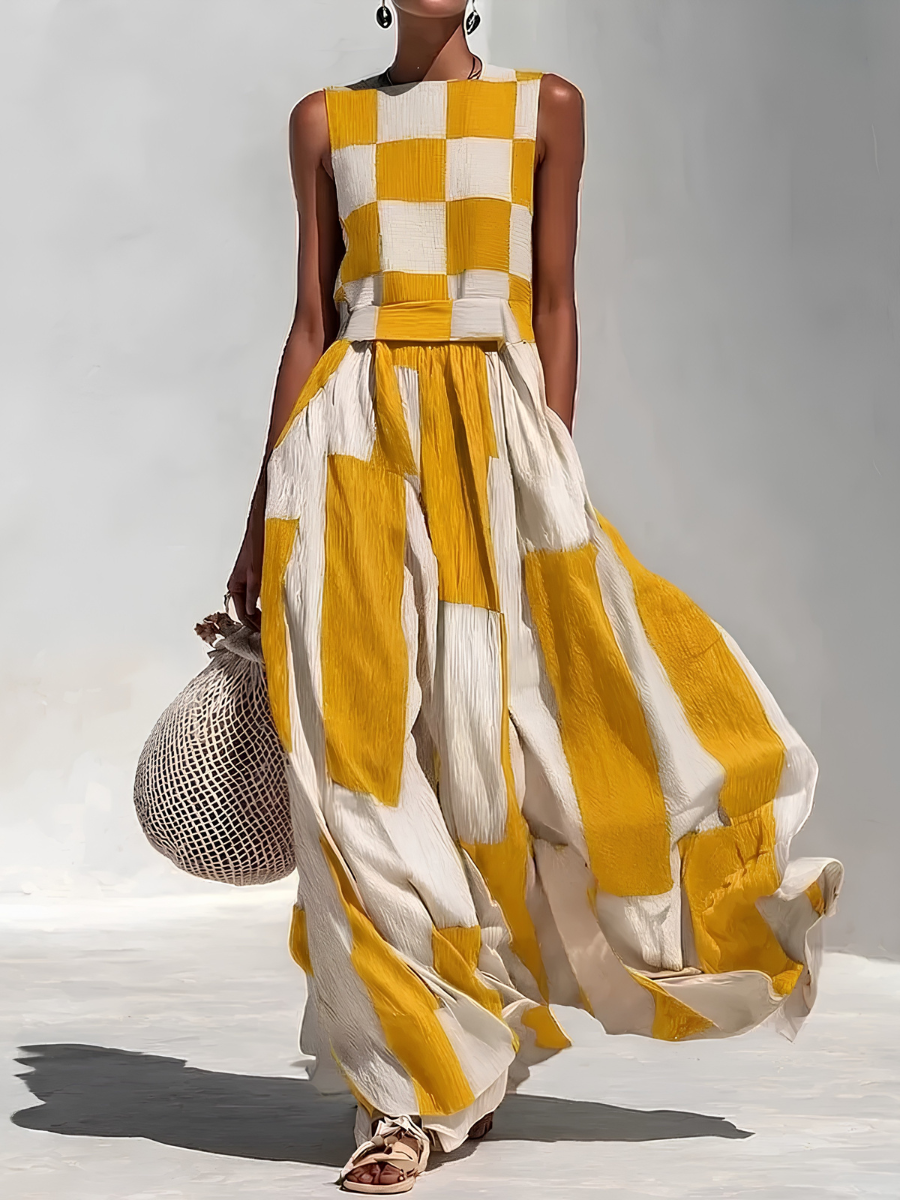 Ardenne | Vestido Maxi Sin Mangas con Paneles de Cuadros y Rayas