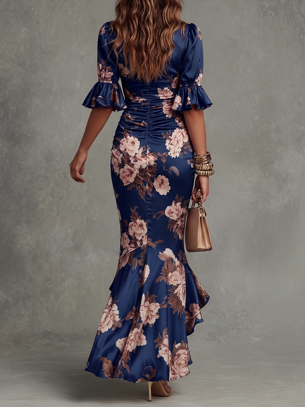 Odalys | Vestido Largo Asimétrico con Escote en V, Mangas Abullonadas Acampanadas y Estampado Floral