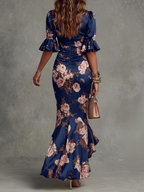 Odalys | Vestido Largo Asimétrico con Escote en V, Mangas Abullonadas Acampanadas y Estampado Floral