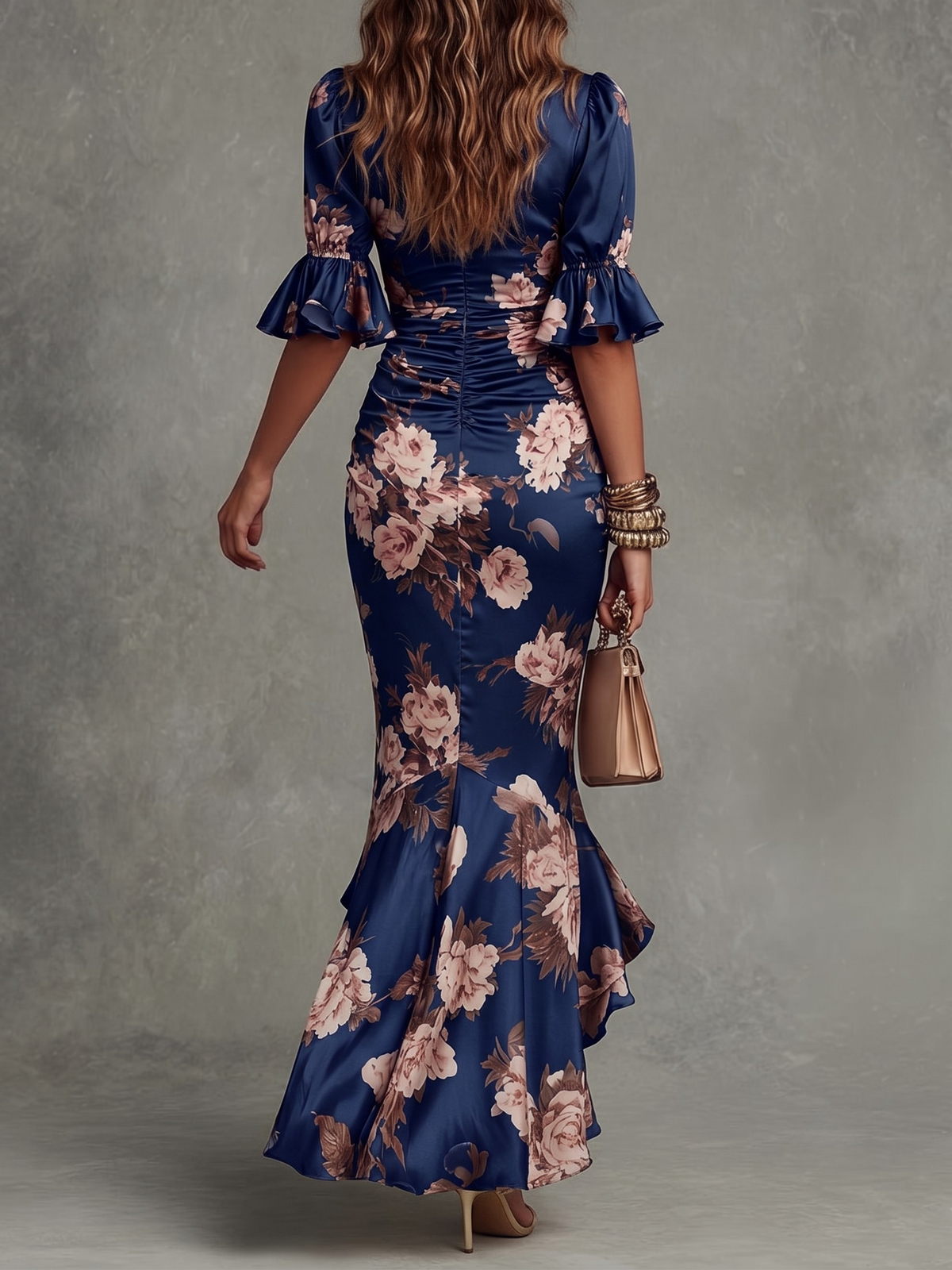 Odalys | Vestido Largo Asimétrico con Escote en V, Mangas Abullonadas Acampanadas y Estampado Floral