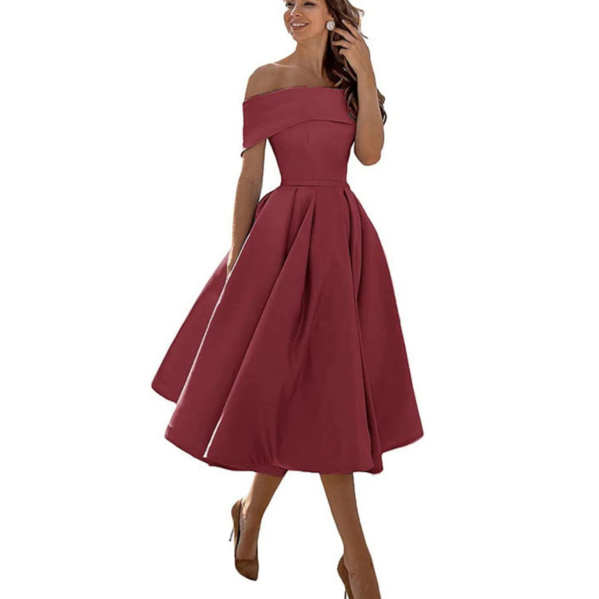 Elegante vestido midi de fiesta y de invitada de boda con hombros descubiertos | Midi