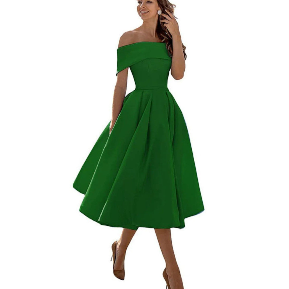Elegante vestido midi de fiesta y de invitada de boda con hombros descubiertos | Midi