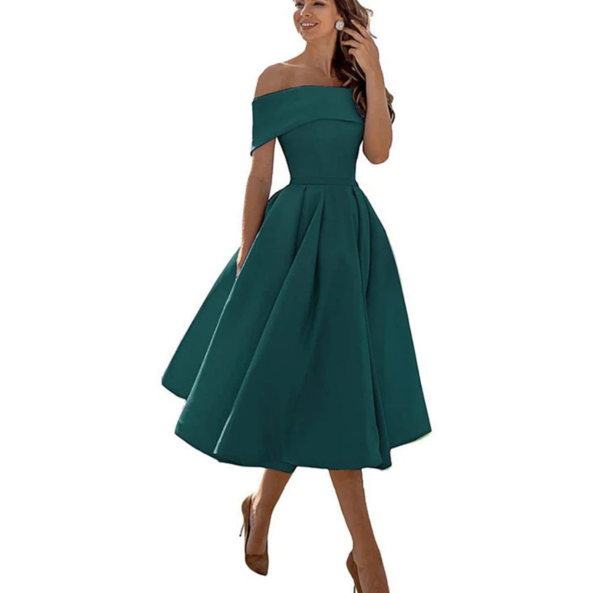 Elegante vestido midi de fiesta y de invitada de boda con hombros descubiertos | Midi