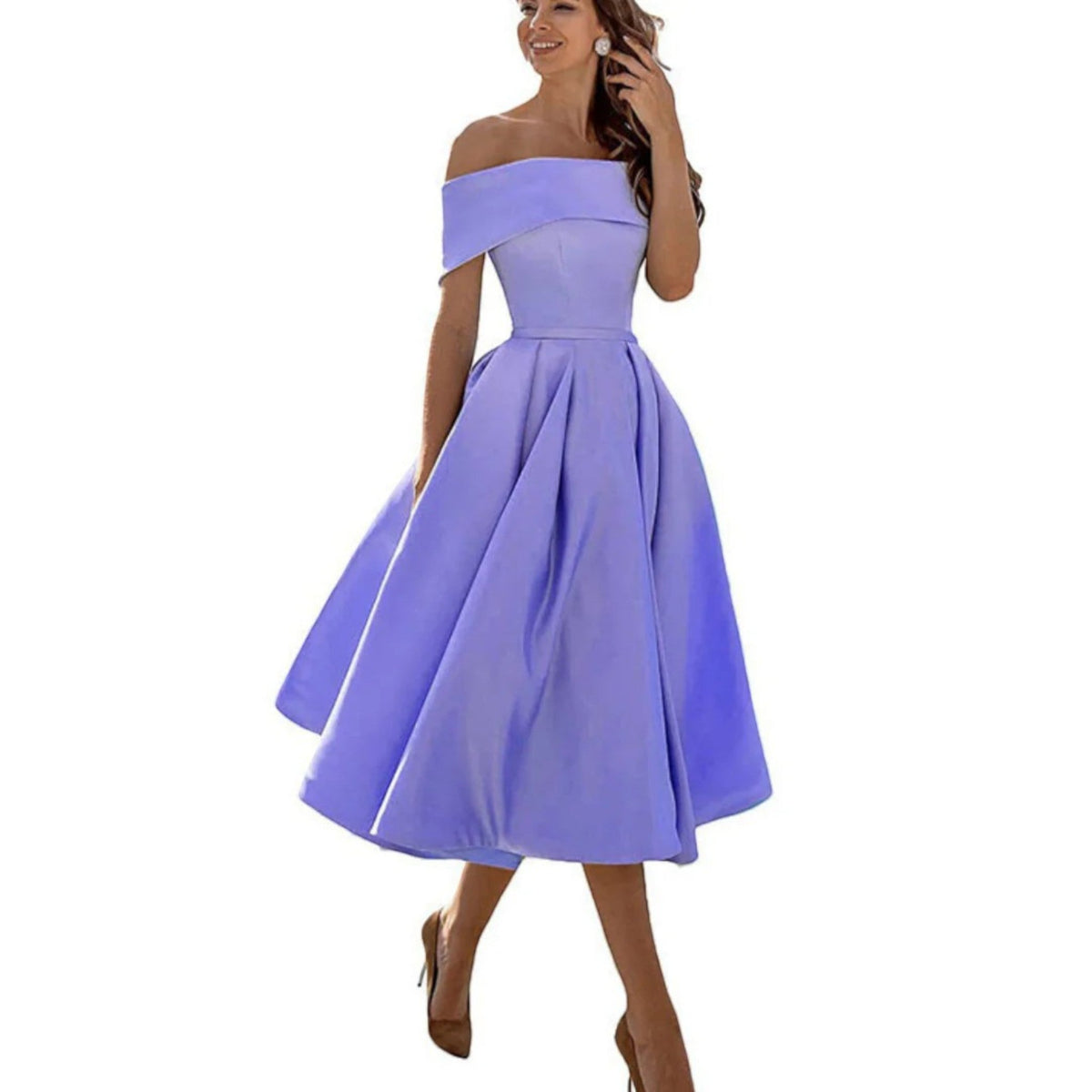 Elegante vestido midi de fiesta y de invitada de boda con hombros descubiertos | Midi