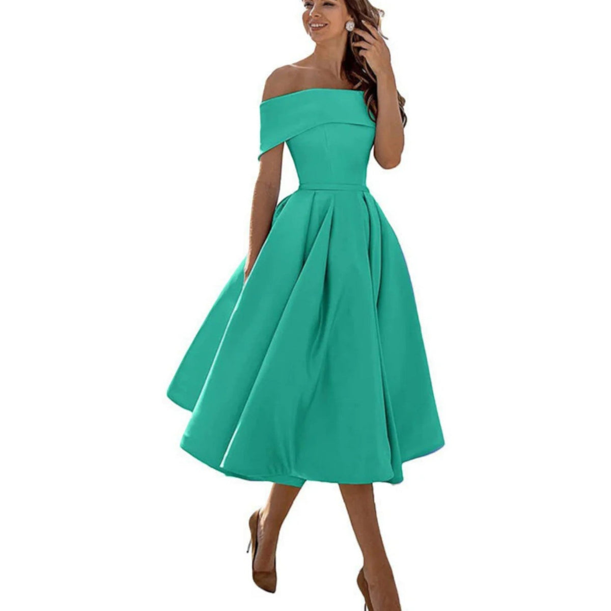 Elegante vestido midi de fiesta y de invitada de boda con hombros descubiertos | Midi