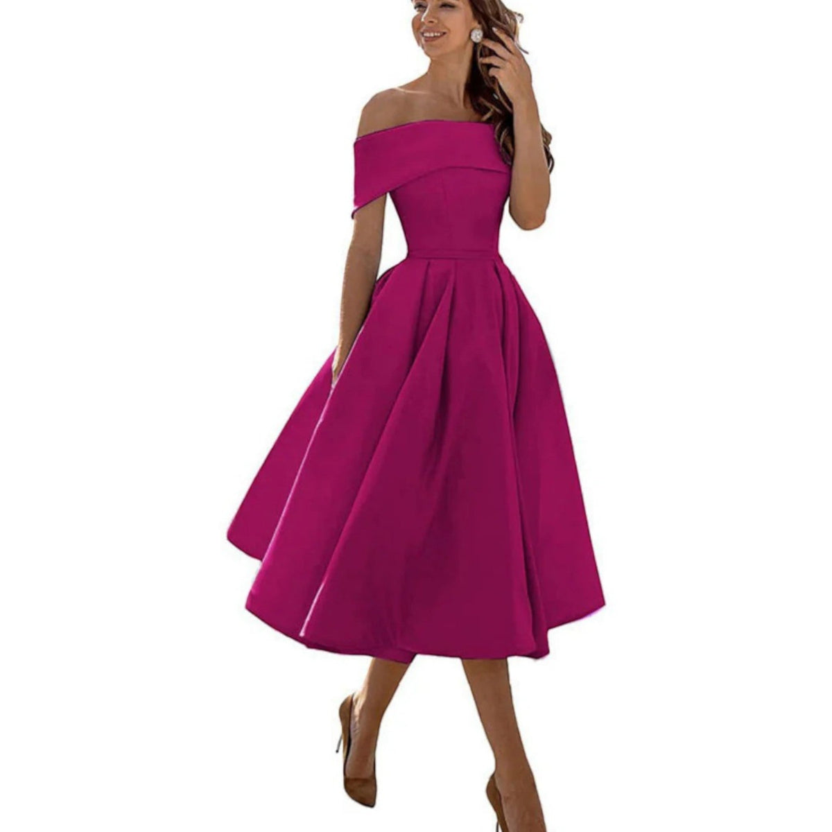 Elegante vestido midi de fiesta y de invitada de boda con hombros descubiertos | Midi